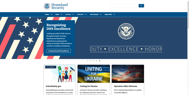 The main page of the US Department of Homeland Security website