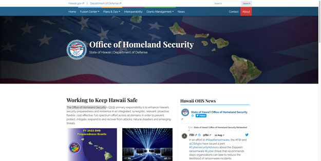 The main page of The Hawaii Office of Homeland Security website